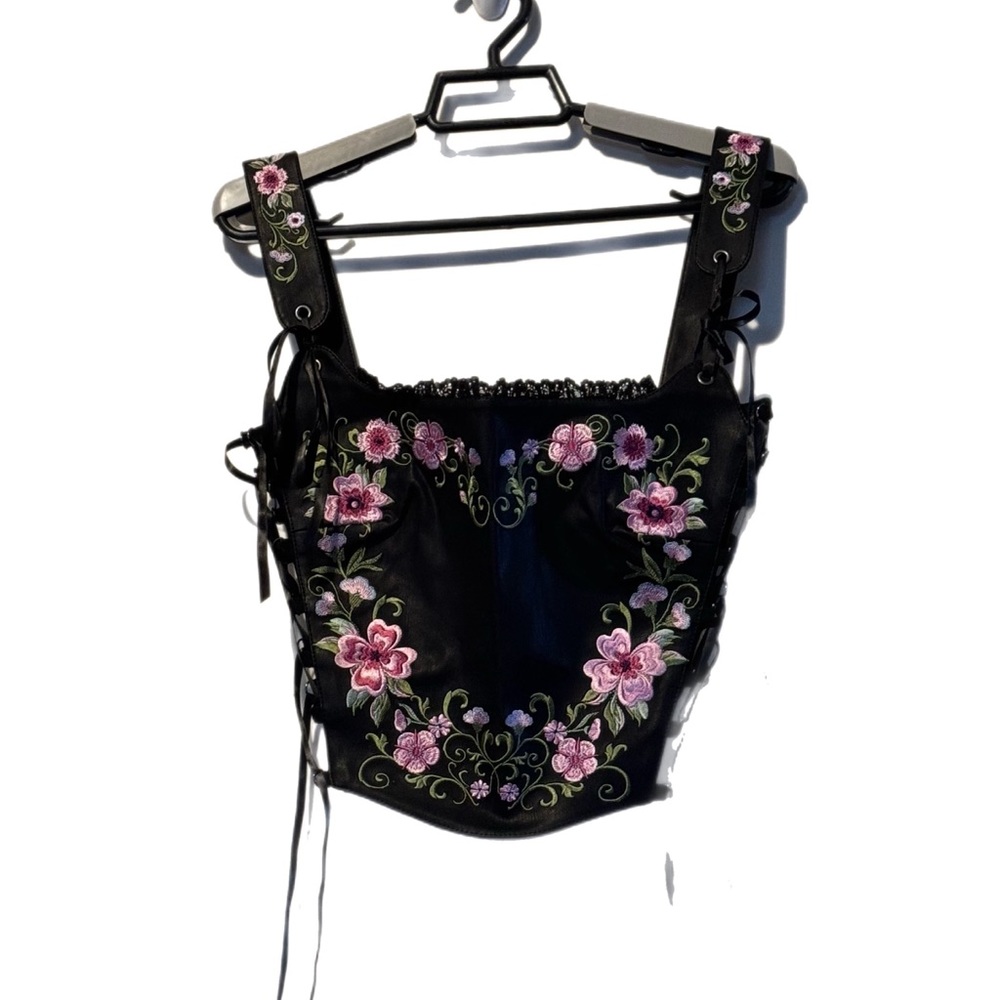Dolls Kill Black Corset Crop Top with Pink Floral Embroidery